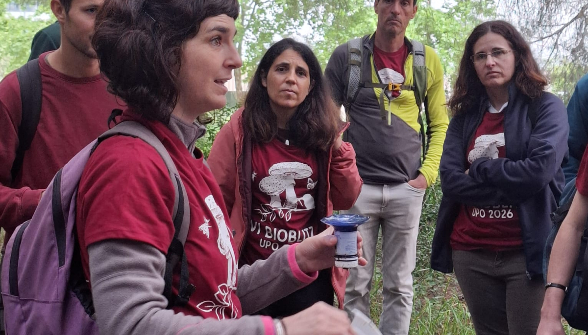 La Dra. Morillas explicando el procedimiento de captura par Edafo Fauna en el pinar del edificio 22 de la UPO